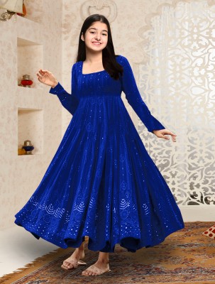 Trijal Fab Girls Maxi/Full Length Casual Dress(Blue, Full Sleeve)