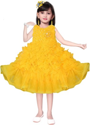 WAMA Girls Above Knee Party Dress(Yellow, Sleeveless)