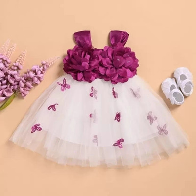 Aruna Trend Baby Girls Calf Length Festive/Wedding Dress(White, Purple, Cap Sleeve)