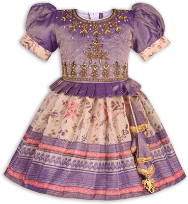 Silver Kraft Girls Midi/Knee Length Festive/Wedding Dress(Purple, Short Sleeve)