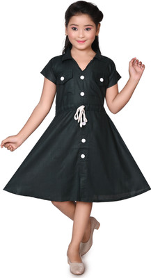 HALDER AND SONS Girls Midi/Knee Length Party Dress(Dark Green, Short Sleeve)