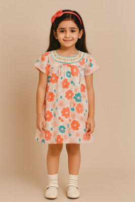 Miyo Indi Girls Midi/Knee Length Festive/Wedding Dress(White, Short Sleeve)