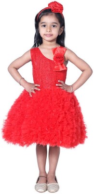 Wish littlle Girls Midi/Knee Length Party Dress(Red, Sleeveless)