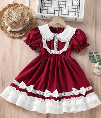 BUSHHBABIES Indi Baby Girls Calf Length Party Dress(Maroon, Short Sleeve)