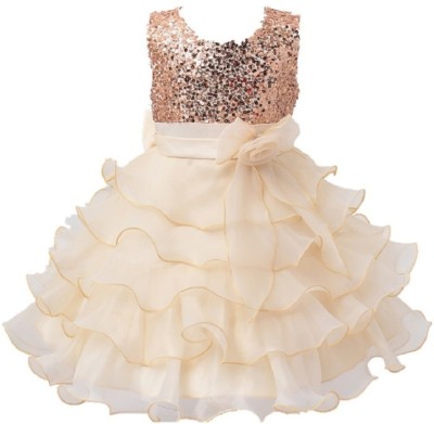 Wow princess Girls Midi/Knee Length Party Dress(Gold, Sleeveless)