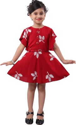 Wishkaro Girls Midi/Knee Length Casual Dress(Maroon, Cap Sleeve)