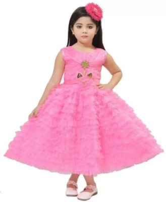 BRAJ SUNDARI Indi Baby Girls Midi/Knee Length Festive/Wedding Dress(Pink, Sleeveless)