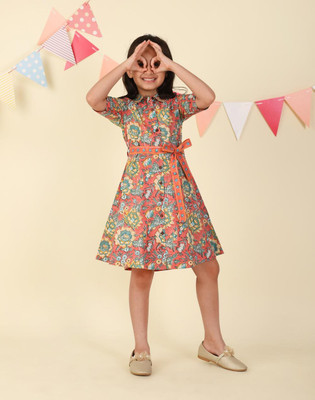 Fabindia Girls Midi/Knee Length Casual Dress(Pink, Half Sleeve)