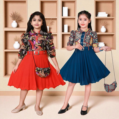 HALDER Girls Midi/Knee Length Casual Dress(Red, Half Sleeve)