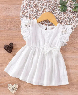 Baanou Baby Girls Above Knee Festive/Wedding Dress(White, Short Sleeve)