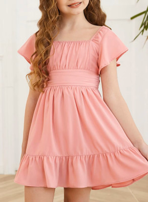 Alisha Moda Girls Midi/Knee Length Casual Dress(Orange, Short Sleeve)