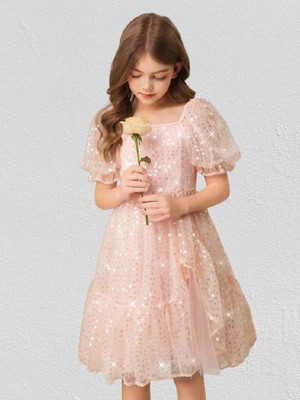 VARDA CREATION Girls Midi/Knee Length Party Dress(Pink, Short Sleeve)