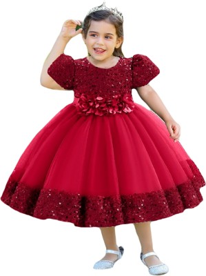 DPFABRICS Indi Girls Midi/Knee Length Festive/Wedding Dress(Maroon, Cap Sleeve)