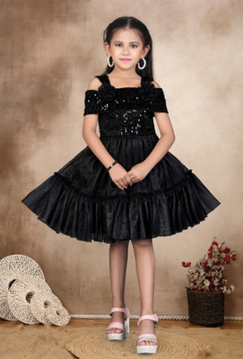 FV FABLY VALOR Indi Girls Below Knee Party Dress(Black, Fashion Sleeve)