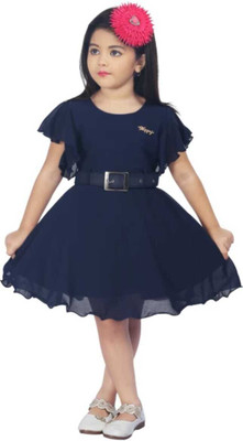 AMFASHION Indi Girls Midi/Knee Length Casual Dress(Blue, Fashion Sleeve)