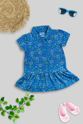 Awbabie Girls Midi/Knee Length Casual Dress(Blue, Short Sleeve)