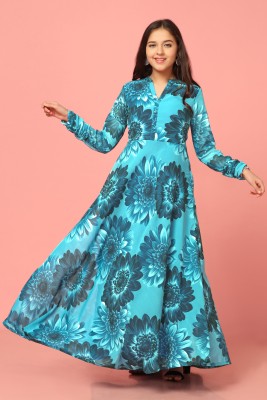 Mirrow Trade Girls Maxi/Full Length Casual Dress(Blue, Full Sleeve)