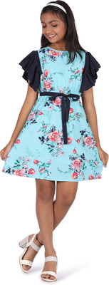 SILK SPAROW Girls Midi/Knee Length Casual Dress(Blue, Fashion Sleeve)