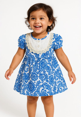 kidsworld life Indi Girls Below Knee Casual Dress(Blue, Short Sleeve)