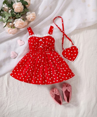 M FASHION Girls Midi/Knee Length Party Dress(Red, Sleeveless)