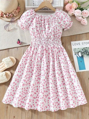 Priyal Designer Girls Midi/Knee Length Party Dress(Pink, Short Sleeve)