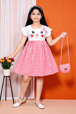 SK Collection Girls Above Knee Casual Dress(Red, Short Sleeve)