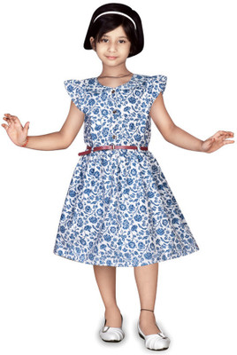 GOLDESTEEM Indi Girls Below Knee Casual Dress(Blue, Short Sleeve)