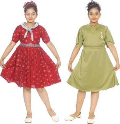ANG FASHION Indi Baby Girls Below Knee Casual Dress(Maroon, Half Sleeve)