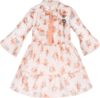 Wishkaro Girls Midi/Knee Length Casual Dress(Orange, Full Sleeve)