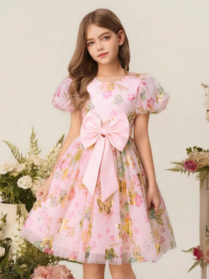 Sisa sales Indi Girls Midi/Knee Length Festive/Wedding Dress(Pink, Short Sleeve)