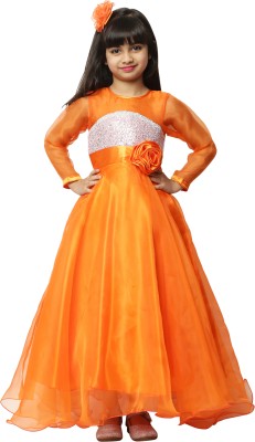 Rumy Fashion Girls Maxi/Full Length Party Dress(Orange, Full Sleeve)