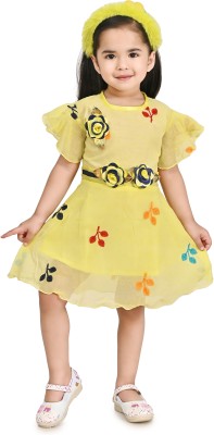 RahatGarments Girls Midi/Knee Length Casual Dress(Yellow, Cap Sleeve)