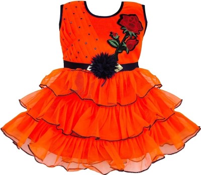 Vptextiless Girls Midi/Knee Length Casual Dress(Orange, Sleeveless)