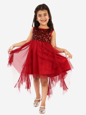 Kidsdew Indi Girls Above Knee Party Dress(Maroon, Sleeveless)