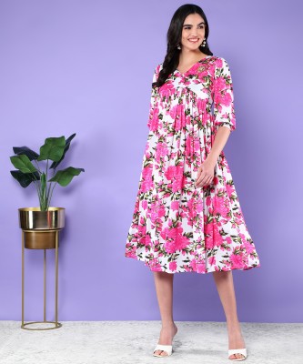 Laraib Fashion Girls Calf Length Casual Dress(Pink, 3/4 Sleeve)