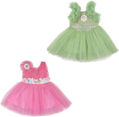 Chiclift Indi Baby Girls Midi/Knee Length Festive/Wedding Dress(Green, Pink, Sleeveless)