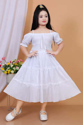 SHREESHYAMDARBAR Indi Girls Calf Length Festive/Wedding Dress(White, Half Sleeve)