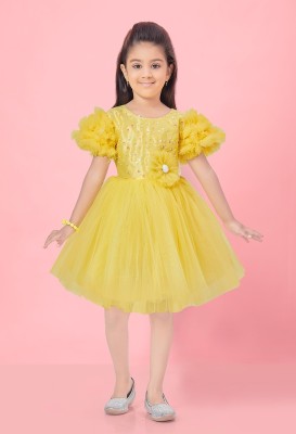 MUHURATAM Indi Girls Above Knee Party Dress(Yellow, Fashion Sleeve)
