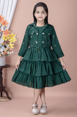 SERINA FASHION Girls Below Knee Festive/Wedding Dress(Green, 3/4 Sleeve)