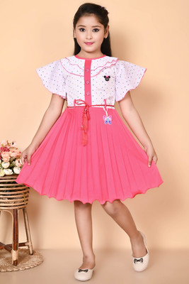 MILORYFASHION Girls Midi/Knee Length Festive/Wedding Dress(Pink, Short Sleeve)