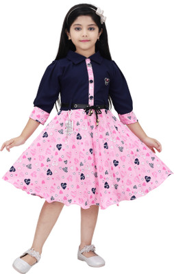 Senorita Fashion Indi Girls Midi/Knee Length Casual Dress(Pink, 3/4 Sleeve)