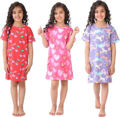 anthrilo Indi Girls Above Knee Casual Dress(Red, Half Sleeve)