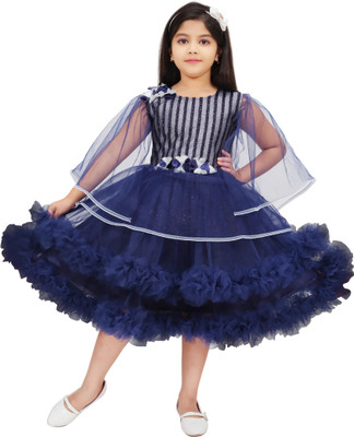 PN fashion Girls Below Knee Festive/Wedding Dress(Dark Blue, Fashion Sleeve)