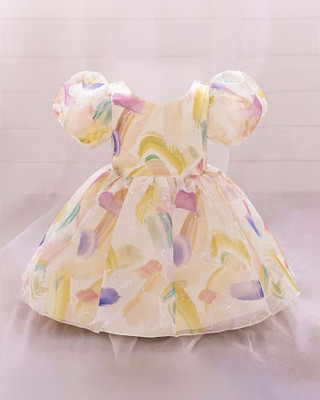 Style Connect Indi Girls Midi/Knee Length Party Dress(Yellow, Short Sleeve)