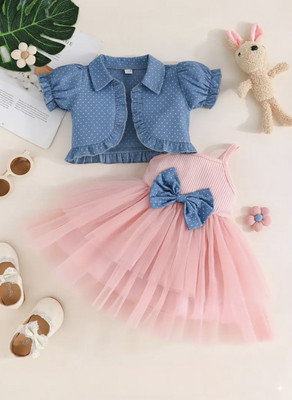 RupMilanKolkata Baby Girls Mini/Short Party Dress(Pink, Short Sleeve)