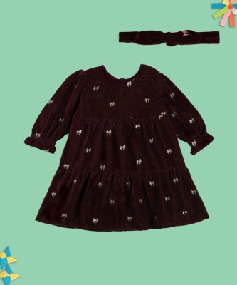 MINI KLUB Baby Girls Midi/Knee Length Casual Dress(Maroon, Full Sleeve)