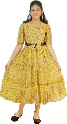 Company Indi Girls Calf Length Casual Dress(Yellow, Half Sleeve)