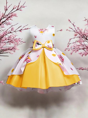 RADHE RADHE TEX Girls Midi/Knee Length Festive/Wedding Dress(Yellow, Sleeveless)