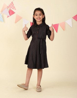 Fabindia Girls Midi/Knee Length Casual Dress(Black, 3/4 Sleeve)