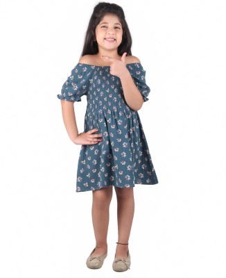 Miyo Indi Girls Midi/Knee Length Casual Dress(Blue, Half Sleeve)